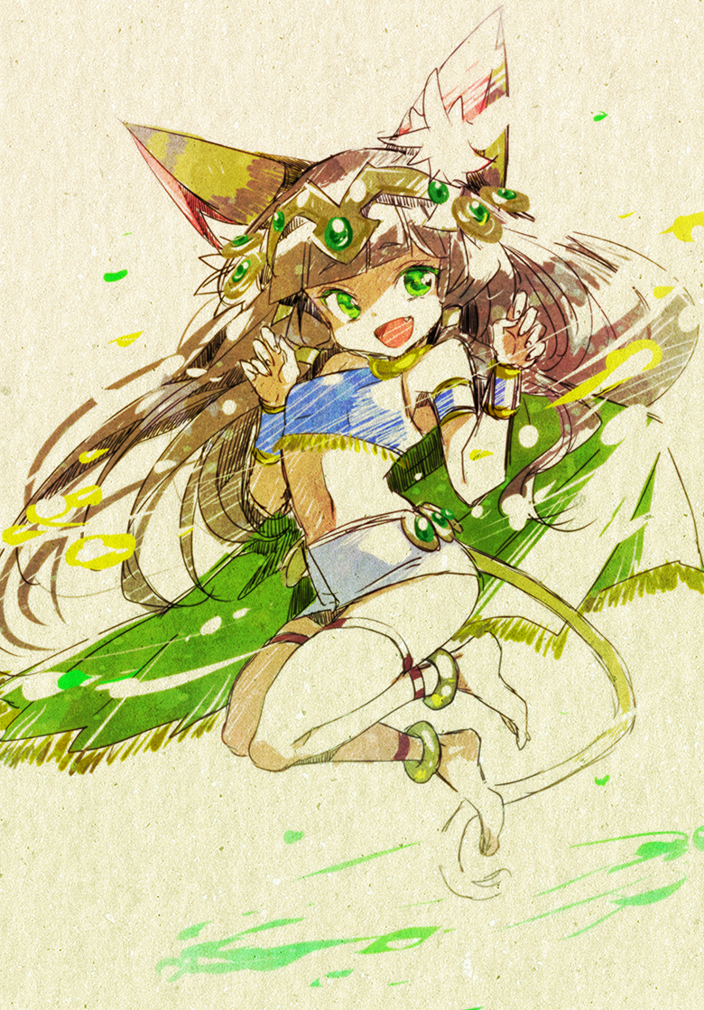 1girl :d animal_ears ankle anklet armlet bare_shoulders bastet_(p&amp;d) bracer brown_hair cat_ears cat_tail dark_skin fang green_eyes hair_tubes headpiece jewelry long_hair minaminamina navel open_mouth puzzle_&amp;_dragons skirt smile solo tail tubetop white_skirt