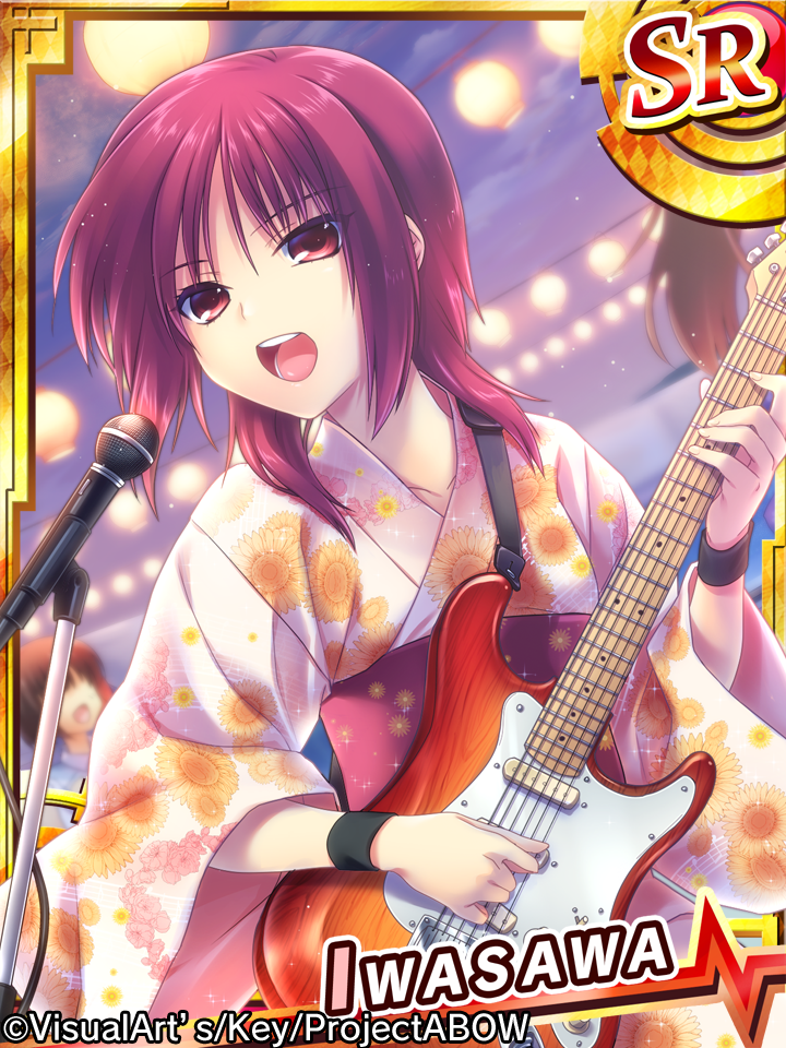 1girl angel_beats! card_(medium) guitar instrument iwasawa japanese_clothes kimono microphone microphone_stand red_eyes redhead satomi_yoshitaka short_hair singing yukata