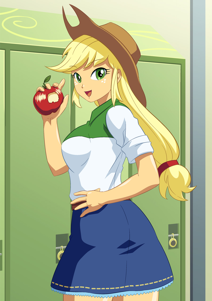 apple applejack bangs blonde_hair cowboy_hat food freckles fruit green_eyes hat highres holding jiyuuyuu locker looking_at_viewer my_little_pony my_little_pony_friendship_is_magic open_mouth payot personification ponytail smile