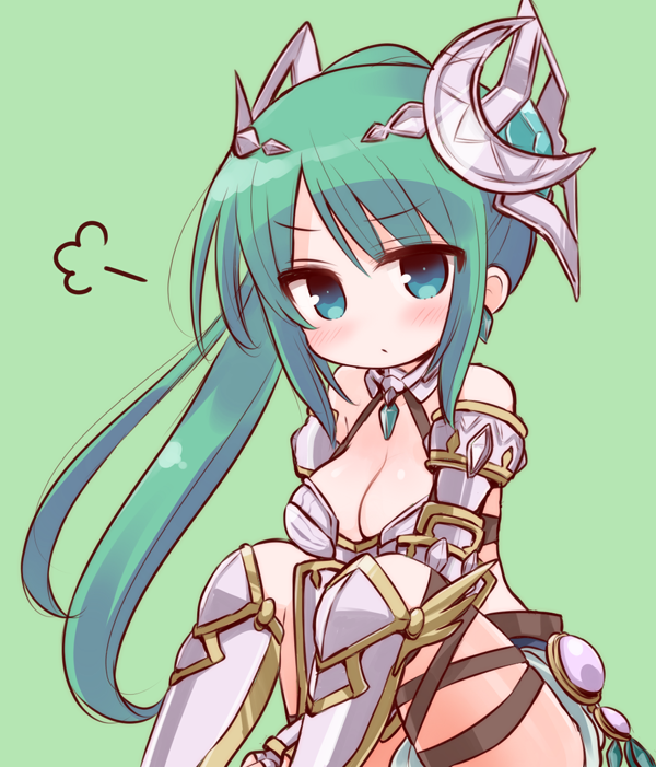 1girl armor artemis_(p&amp;d) bare_shoulders bikini_armor blue_eyes blush breasts cleavage diamond_(shape) gauntlets green_background green_hair large_breasts long_hair marshmallow_mille no_nose ponytail puzzle_&amp;_dragons simple_background sitting solo