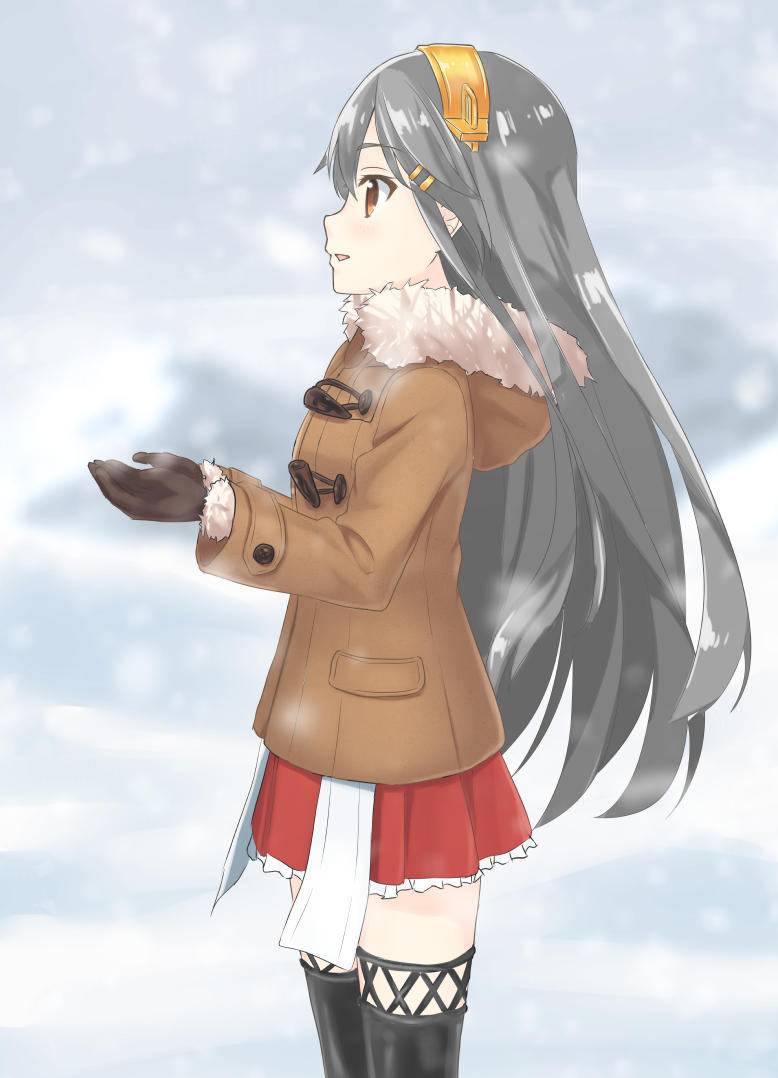 1girl brown_eyes brown_gloves coat cowboy_shot frilled_skirt frills from_side gloves grey_hair hair_ornament hairband hairclip haruna_(kantai_collection) hooded_jacket kantai_collection komyaari long_hair pleated_skirt profile red_skirt skirt snowing solo thigh-highs winter winter_clothes winter_coat