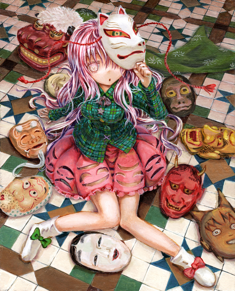 1girl :o arm_support bowtie breasts bubble_skirt fox_mask from_above full_body hata_no_kokoro kabaji knees_together_feet_apart long_hair long_sleeves looking_at_viewer looking_up mask miniskirt monkey_mask new_mask_of_hope noh_mask on_floor oni_mask patterned_background pink_eyes pink_hair plaid plaid_shirt shoes sitting skirt solo tassel taut_clothes taut_shirt tile_floor tiles touhou traditional_media very_long_hair