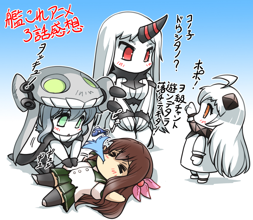 &gt;_&lt; 4girls amber_eyes breasts brown_hair cape commentary_request dress fish green_eyes grey_hair hair_ornament hat hisahiko horn horns kantai_collection kisaragi_(kantai_collection) large_breasts long_hair monster_girl multiple_girls northern_ocean_hime red_eyes seaport_hime seiza shinkaisei-kan shirt silver_hair sitting skirt tentacles translation_request v_arms very_long_hair water white_dress white_hair wo-class_aircraft_carrier