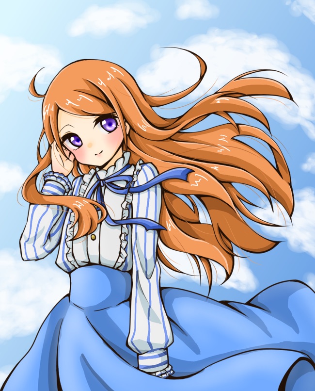 1girl blue_skirt blush frills kishikino long_hair long_skirt long_sleeves looking_at_viewer mawaru_penguindrum orange_hair ribbon skirt sky smile solo takakura_himari very_long_hair violet_eyes wind