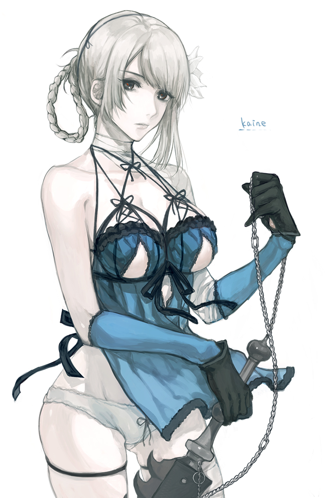 1girl artist_request bandages bangs belt blunt_bangs braid chain elbow_gloves expressionless flower frills gloves grey_eyes hair_flower hair_ornament kaine_(nier) lingerie lips negligee nier panties silver_hair solo sword thigh-highs thigh_strap underwear weapon white_panties