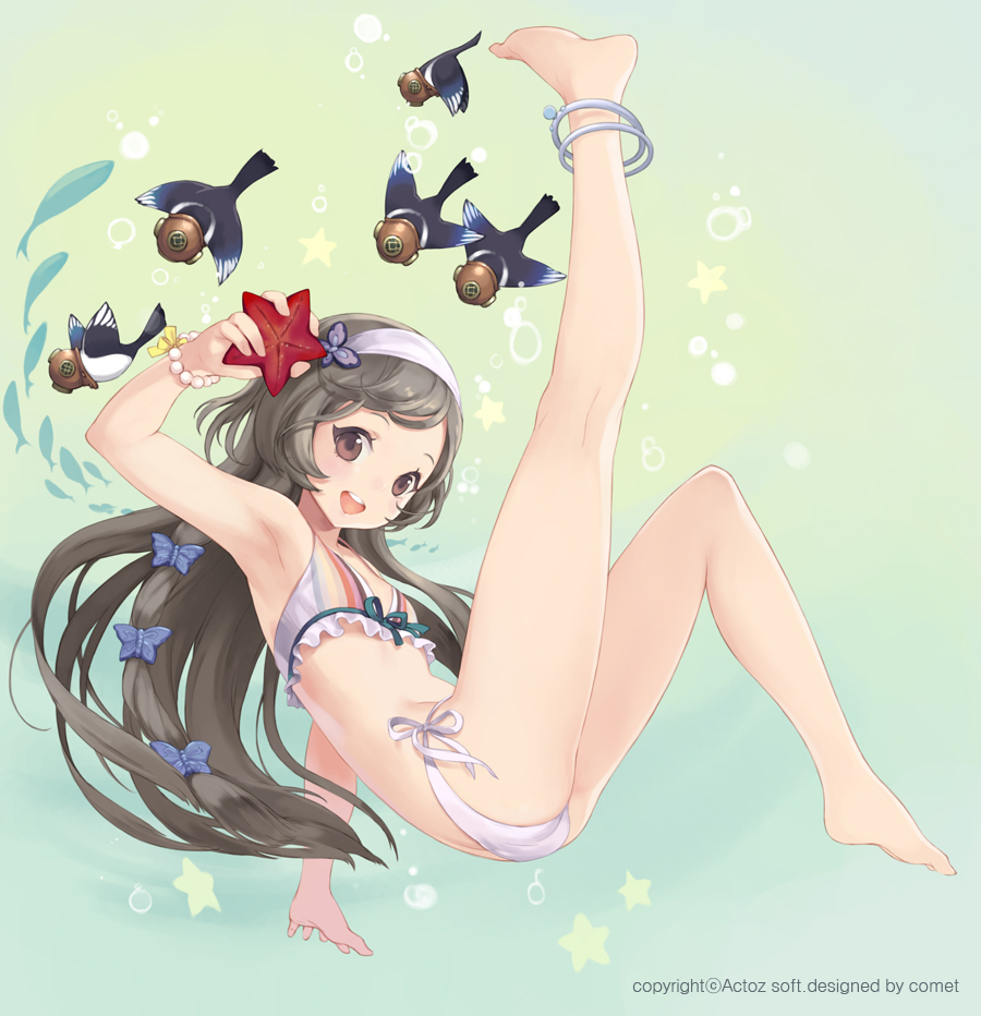 1girl :d anklet armpits ass bare_legs barefoot bikini bird bracelet brown_eyes brown_hair butterfly_hair_ornament comet_(teamon) diving_helmet fish hair_ornament hairband helmet jewelry leg_lift long_hair looking_at_viewer open_mouth side-tie_bikini small_breasts smile solo star starfish swimsuit white_bikini white_swimsuit