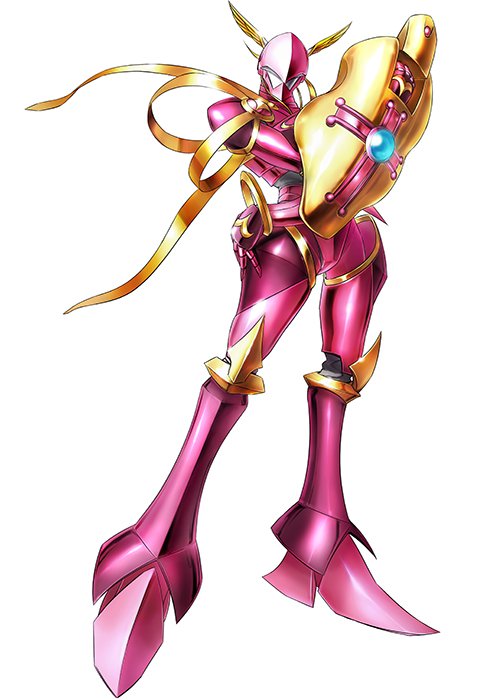 armor digimon digimon_story:_cyber_sleuth knight lordknightmon pink_armor shield simple_background solo yasuda_suzuhito