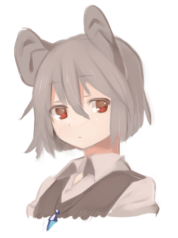 1girl akagashi_hagane animal_ears bust collared_shirt grey_hair jewelry looking_away lowres mouse mouse_ears nazrin necklace pendant red_eyes short_hair simple_background solo touhou vest white_background