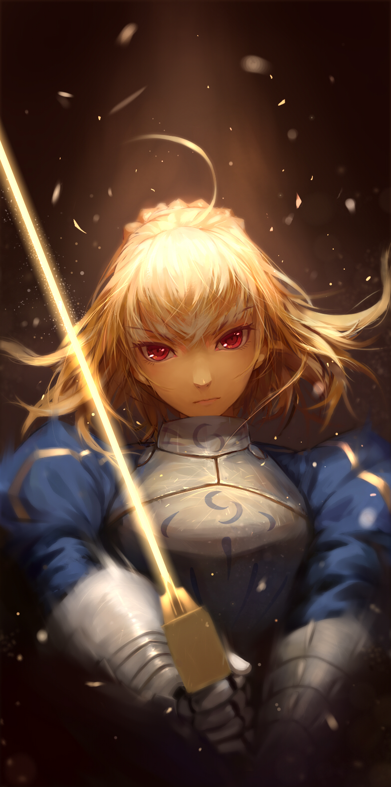 1girl ahoge alternate_eye_color armor armored_dress blonde_hair dress excalibur fate/stay_night fate_(series) gauntlets hair_down highres kokage_no_shita red_eyes saber solo sword weapon