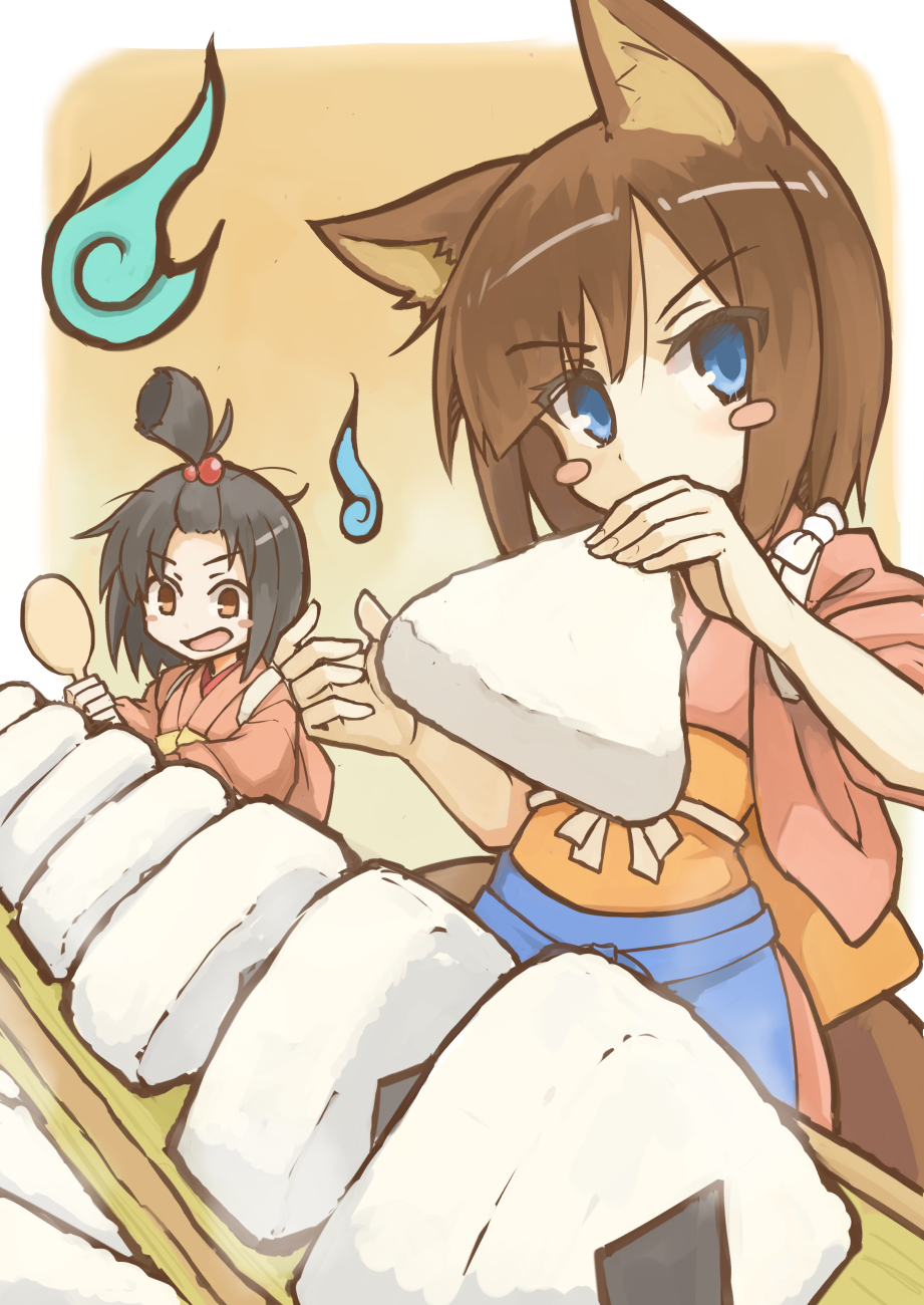 2girls animal_ears black_hair blue_eyes blush_stickers border brown_eyes brown_hair food fox_ears fox_tail hair_bobbles hair_ornament hair_up highres hitodama ichi_hachi_rei_rei japanese_clothes kimono looking_at_viewer multiple_girls obi onigiri orange_background original sash spirit tail tasuki