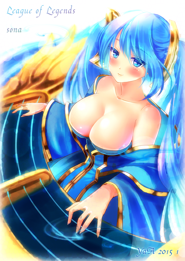 1girl 2015 akira_b artist_name blue_eyes blue_hair blush breasts character_name cleavage copyright_name instrument large_breasts league_of_legends long_hair looking_at_viewer solo sona_buvelle twintails