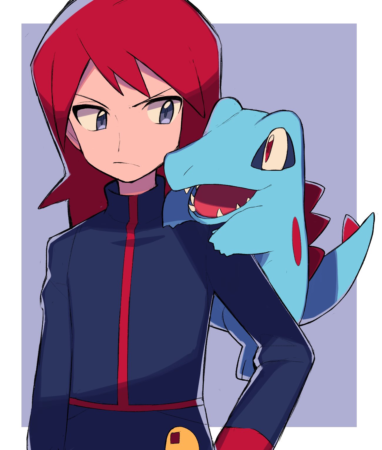 1boy bangs black_jacket border closed_mouth frown grey_eyes highres jacket long_hair male_focus on_shoulder outside_border pokemon pokemon_(creature) pokemon_(game) pokemon_hgss pokemon_on_shoulder redhead sideways_glance silver_(pokemon) totodile turtleneck turtleneck_jacket tyako_089 upper_body white_border