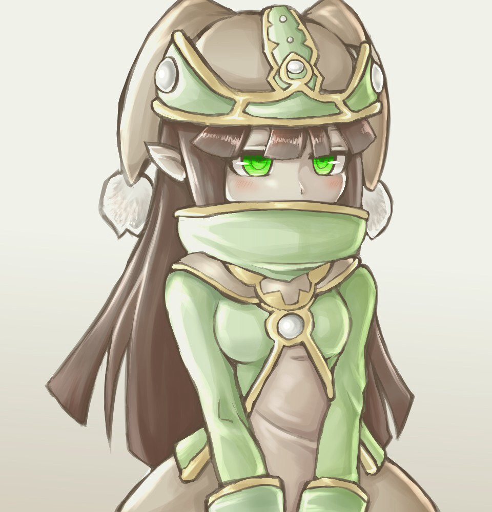 1girl artist_request blush brown_hair gnome_(mon-musu_quest!) green_eyes hat hime_cut long_hair mon-musu_quest! monster_girl pointy_ears simple_background solo