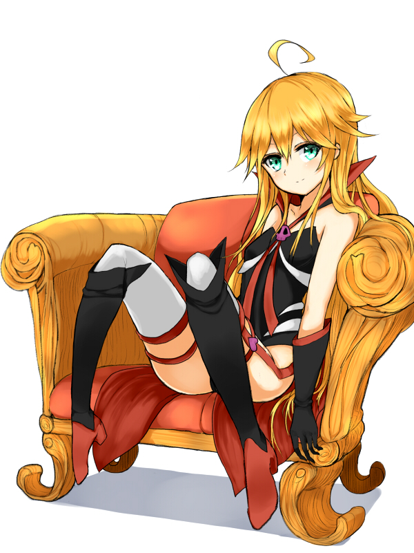 1girl ahoge azure_luna blonde_hair boots cape chair doronjo elbow_gloves gloves leopard_(yatterman) leotard long_hair no_mask simple_background sitting smile solo thighhighs time_bokan_(series) very_long_hair white_background yatterman yoru_no_yatterman