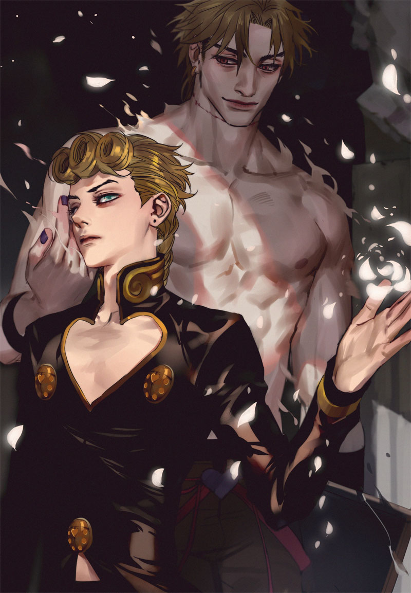2boys blonde_hair blue_eyes braid curly_hair emg_(christain) father_and_son giorno_giovanna jojo_no_kimyou_na_bouken multiple_boys petals red_eyes shirtless