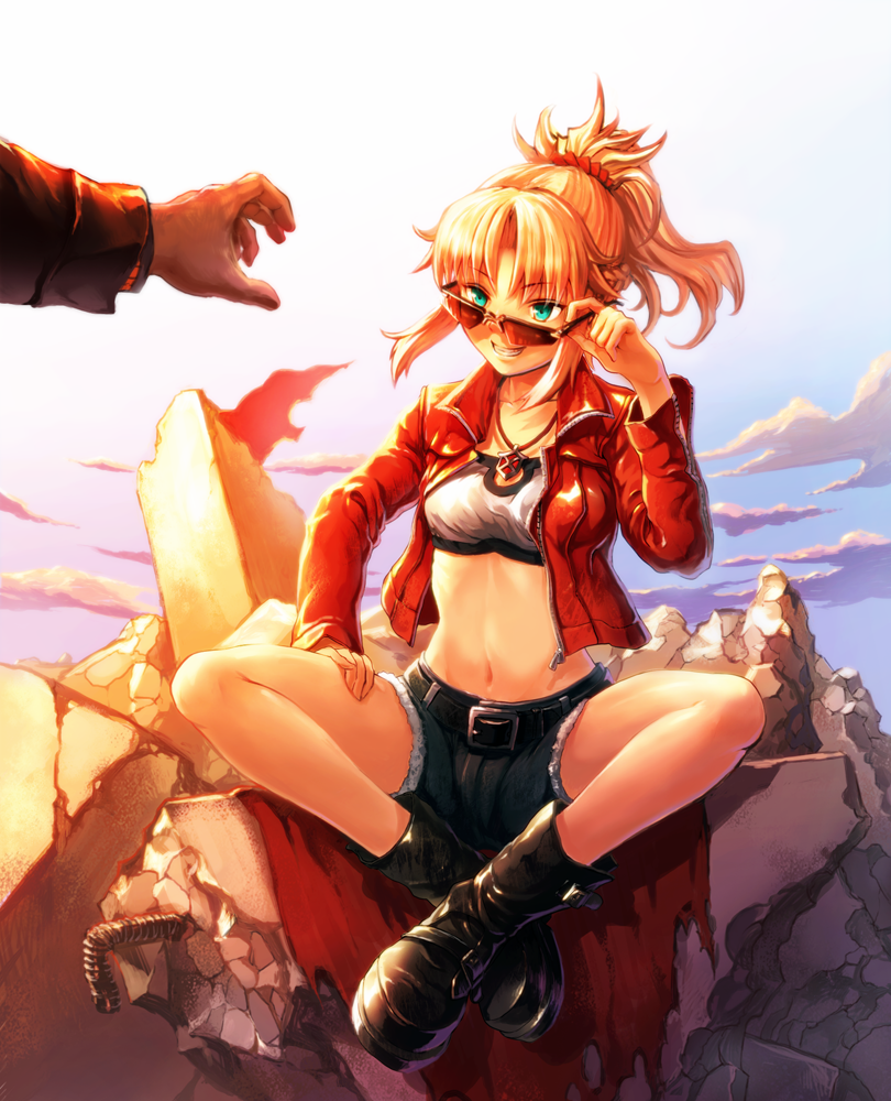 1girl aqua_eyes blonde_hair boots braid denim denim_shorts fate/apocrypha fate_(series) french_braid jacket kopa long_hair outstretched_hand ponytail red_jacket rock rubble saber_of_red shorts sitting solo_focus sunglasses tubetop