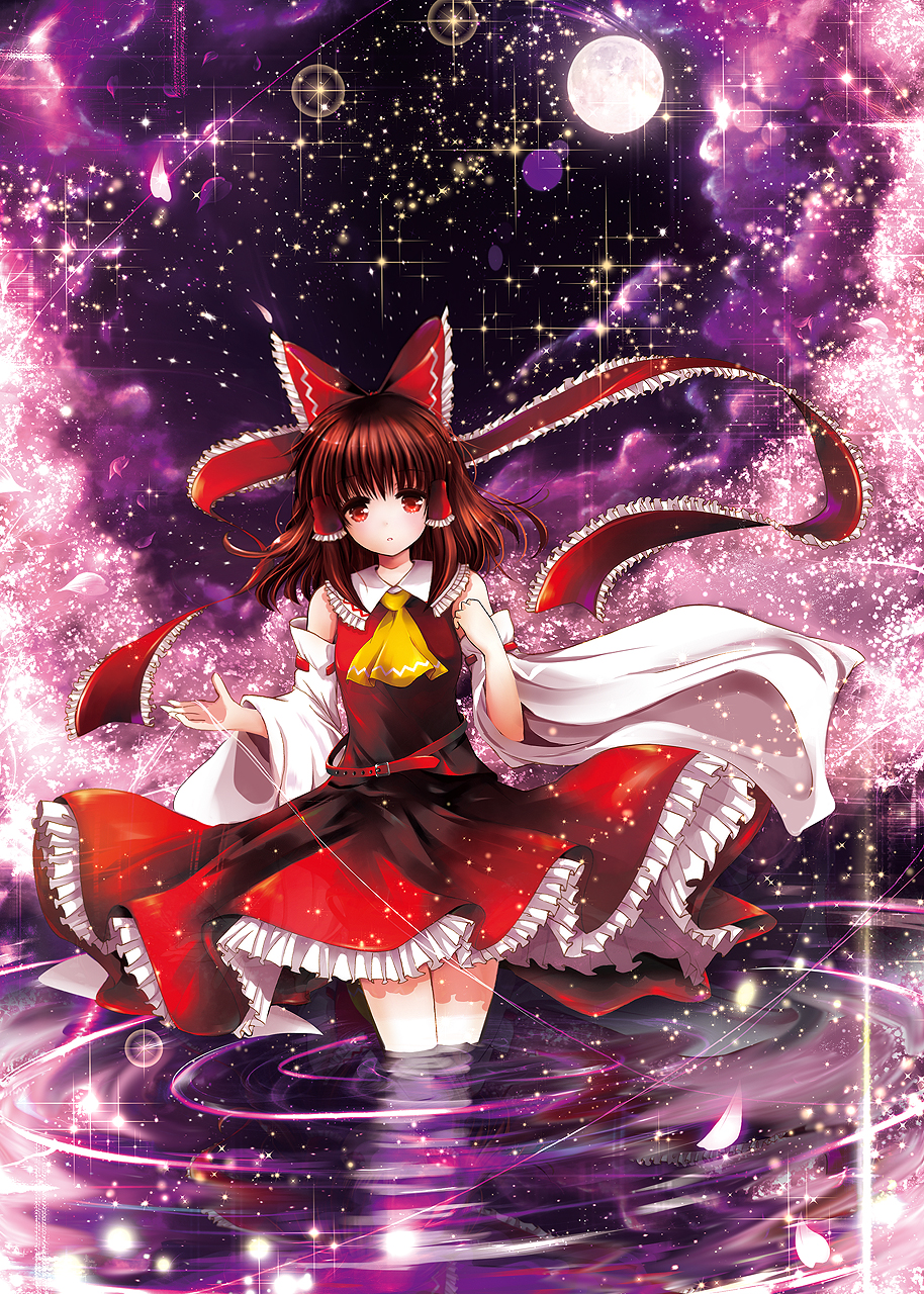 1girl bow brown_hair catbell detached_sleeves female full_moon hair_bow hair_tubes hakurei_reimu highres japanese_clothes looking_at_viewer miko moon sky solo star_(sky) starry_sky touhou wading
