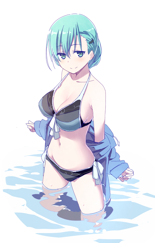 1girl alternate_costume alternate_hairstyle aqua_eyes bare_shoulders bikini blue_eyes blue_hair blush breasts cleavage front-tie_top hair_ornament hairclip himura_kiseki jacket kantai_collection large_breasts long_hair looking_at_viewer navel removing_jacket side-tie_bikini simple_background smile suzuya_(kantai_collection) swimsuit wading water white_background