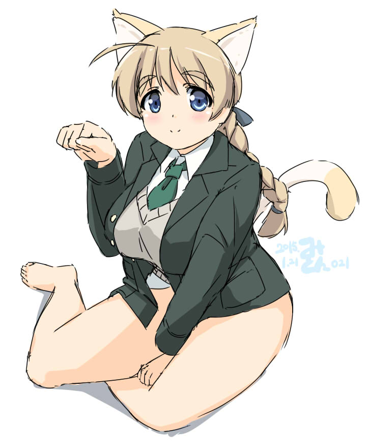 1girl ahoge animal_ears blonde_hair blue_eyes blush bottomless braid breasts cat_ears cat_tail collared_shirt eyebrows large_breasts looking_at_viewer lynette_bishop mikomu military military_jacket military_uniform necktie paw_pose single_braid sitting smile solo strike_witches sweater_vest tail thick_eyebrows thick_thighs thighs uniform