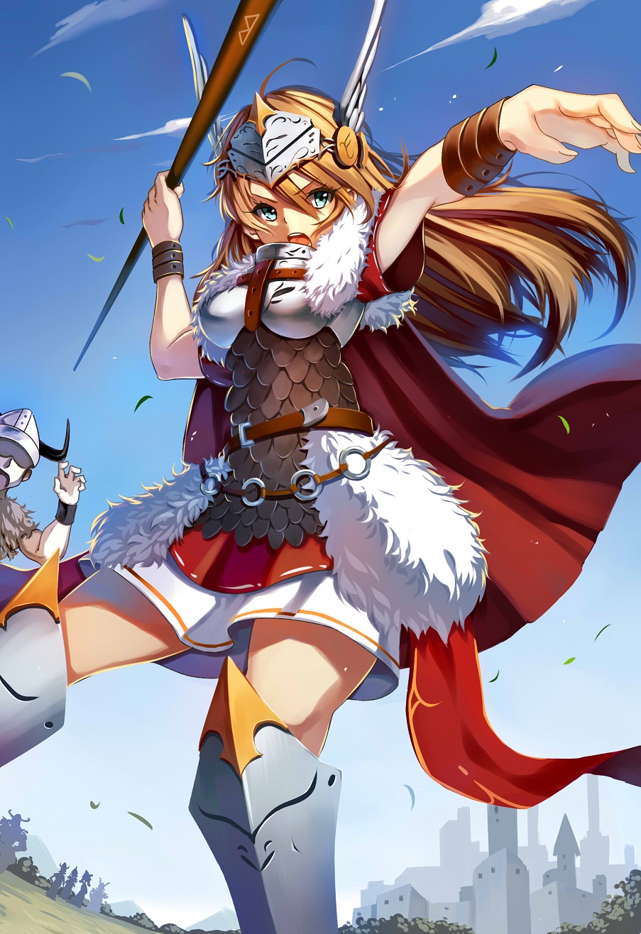 1girl armor blue_eyes brown_hair crazyodin highres long_hair moeru!_jiten official_art solo_focus weapon