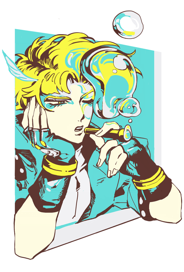 1boy bubble_blowing bubble_pipe caesar_anthonio_zeppeli facial_mark feathers fingerless_gloves gloves hair_feathers headband jacket jojo_no_kimyou_na_bouken limited_palette mapi one_eye_closed solo