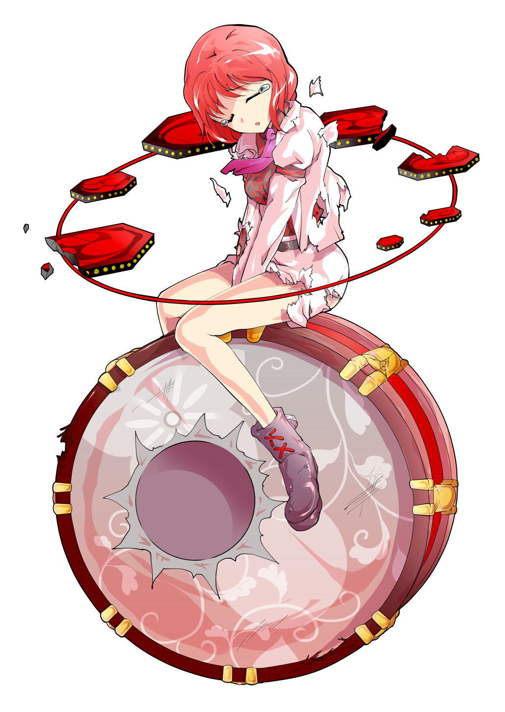 1girl :o after_battle boots closed_eyes dairi damaged drum highres hole horikawa_raiko hurt injury instrument jacket legs looking_at_viewer necktie pink_hair red_eyes sad short_hair skirt solo tachi-e tears torn_clothes torn_jacket torn_shirt torn_skirt touhou v_arms