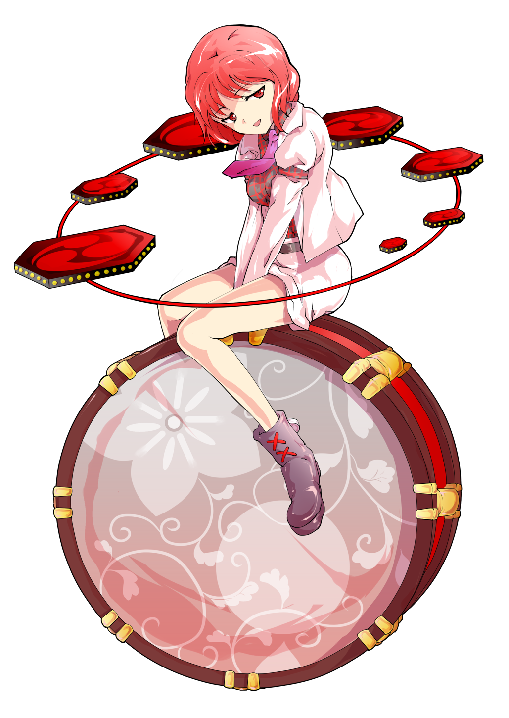 1girl :d alphes_(style) boots dairi drum half-closed_eyes highres horikawa_raiko instrument jacket legs looking_at_viewer necktie open_mouth parody pink_hair red_eyes short_hair skirt smile solo style_parody tachi-e touhou v_arms
