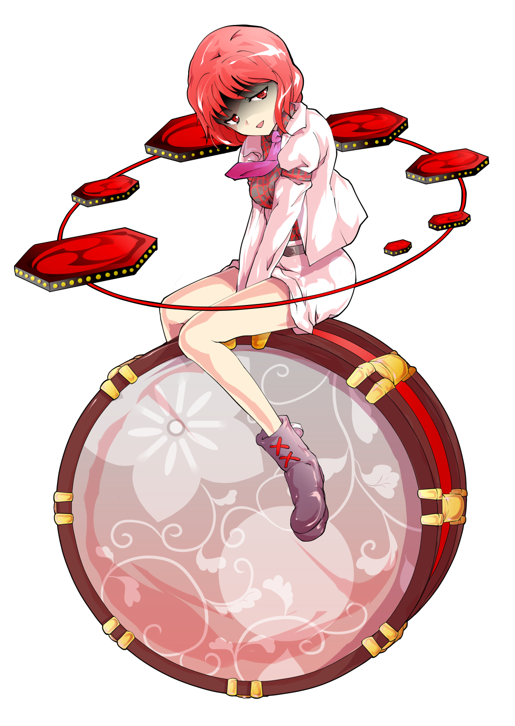 1girl :d alphes_(style) boots dairi drum half-closed_eyes highres horikawa_raiko instrument jacket legs looking_at_viewer necktie open_mouth parody pink_hair red_eyes shaded_face short_hair skirt smile solo style_parody tachi-e touhou v_arms