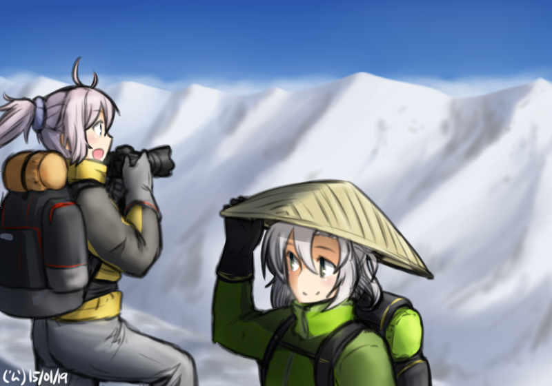 2girls :d alternate_costume aoba_(kantai_collection) backpack bag camera hamu_koutarou hiking holding kantai_collection kinugasa_(kantai_collection) multiple_girls open_mouth ponytail smile wind