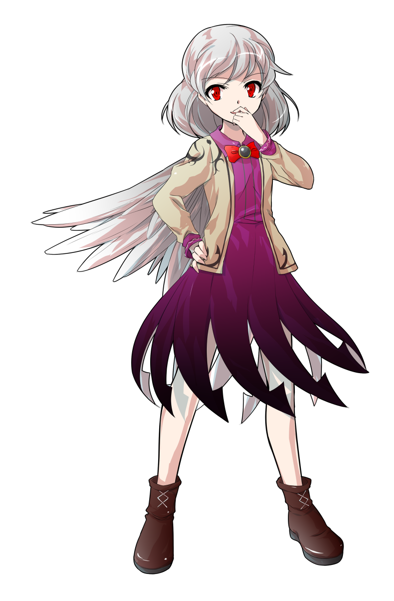 1girl boots bow covering_mouth cross-laced_footwear dairi dress hand_over_own_mouth highres jacket kishin_sagume long_sleeves looking_at_viewer red_eyes short_hair silver_hair simple_background single_wing solo touhou white_background wings