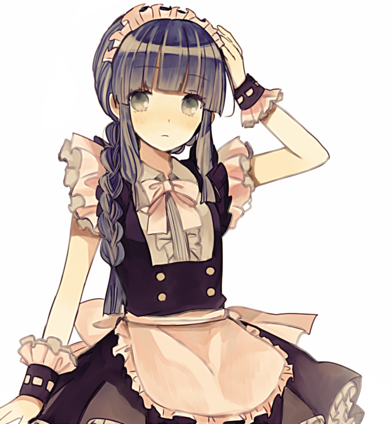 1girl adjusting_headwear alternate_costume apron bangs black_hair blunt_bangs blush bowtie braid commentary_request enmaided frilled_sleeves frills kantai_collection kitakami_(kantai_collection) kurodeko long_hair looking_at_viewer maid maid_apron maid_headdress short_sleeves simple_background skirt solo standing white_background white_bow wrist_cuffs