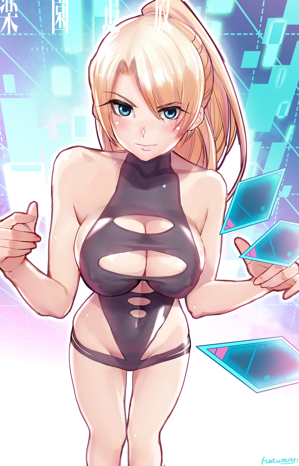 1girl angela_balzac blonde_hair blue_eyes breasts cleavage cleavage_cutout expelled_from_paradise highres long_hair looking_at_viewer ponytail smile solo swimsuit