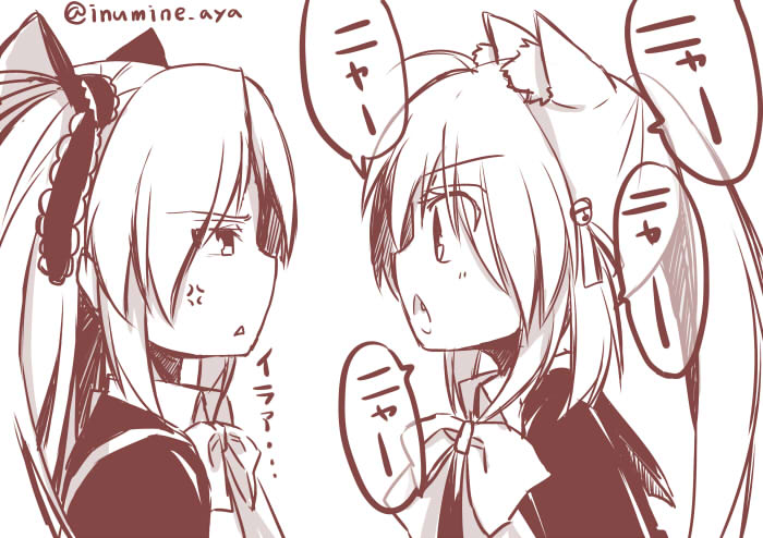 animal_ears cat_ears eye_contact inumine_aya little_busters!! long_hair looking_at_another monochrome natsume_rin ponytail sasasegawa_sasami twintails