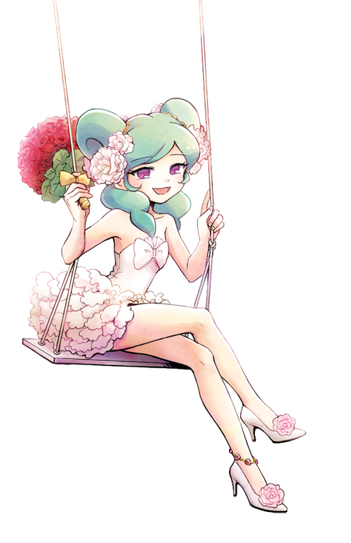 1girl anklet aqua_hair bare_legs bare_shoulders beta_(inazuma_eleven) bloom bouquet crossed_legs dress flower full_body gz_(gzxd) hair_flower hair_ornament high_heels inazuma_eleven_(series) inazuma_eleven_go inazuma_eleven_go_chrono_stone jewelry long_hair no_pupils open_mouth simple_background sitting solo strapless_dress swing violet_eyes white_background