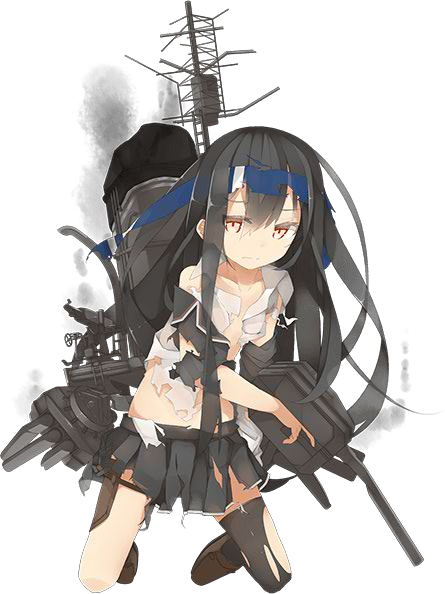 &gt;:| 1girl and_dokari broken broken_weapon hatsushimo_(kantai_collection) headband kantai_collection kneeling long_hair looking_at_viewer machinery official_art open_mouth pleated_skirt school_uniform simple_background skirt solo torn_clothes transparent_background turret weapon