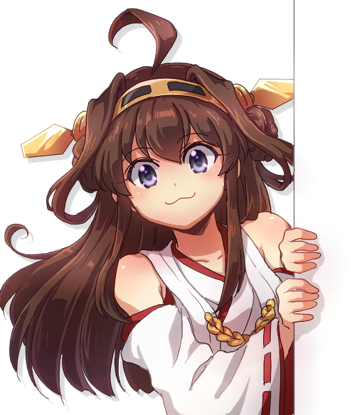 1girl blue_eyes brown_hair hairband hanjuku_tomato japanese_clothes kantai_collection kongou_(kantai_collection) long_hair nontraditional_miko peeking_out smile