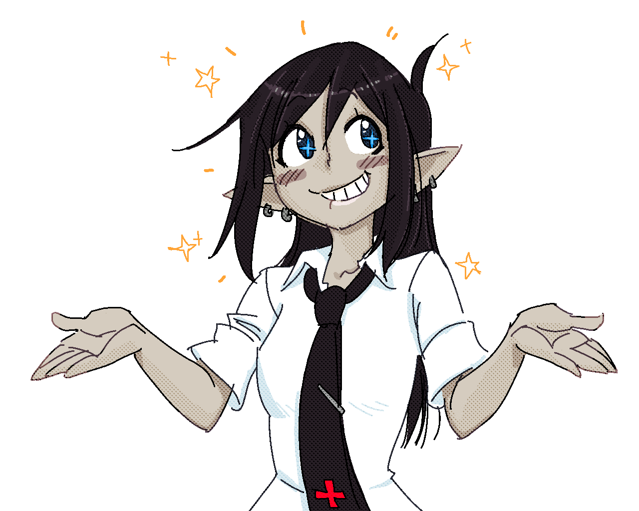 +_+ 1girl black_hair blue_eyes blush bust dark_elf demon_mages dress_shirt earrings elf grey_skin grin jason_robinson jewelry long_hair looking_to_the_side loose_necktie necktie outstretched_arms pointy_ears shirt sketch sleeves_rolled_up smile solo sparkle tara_olphoros tie_clip white_background