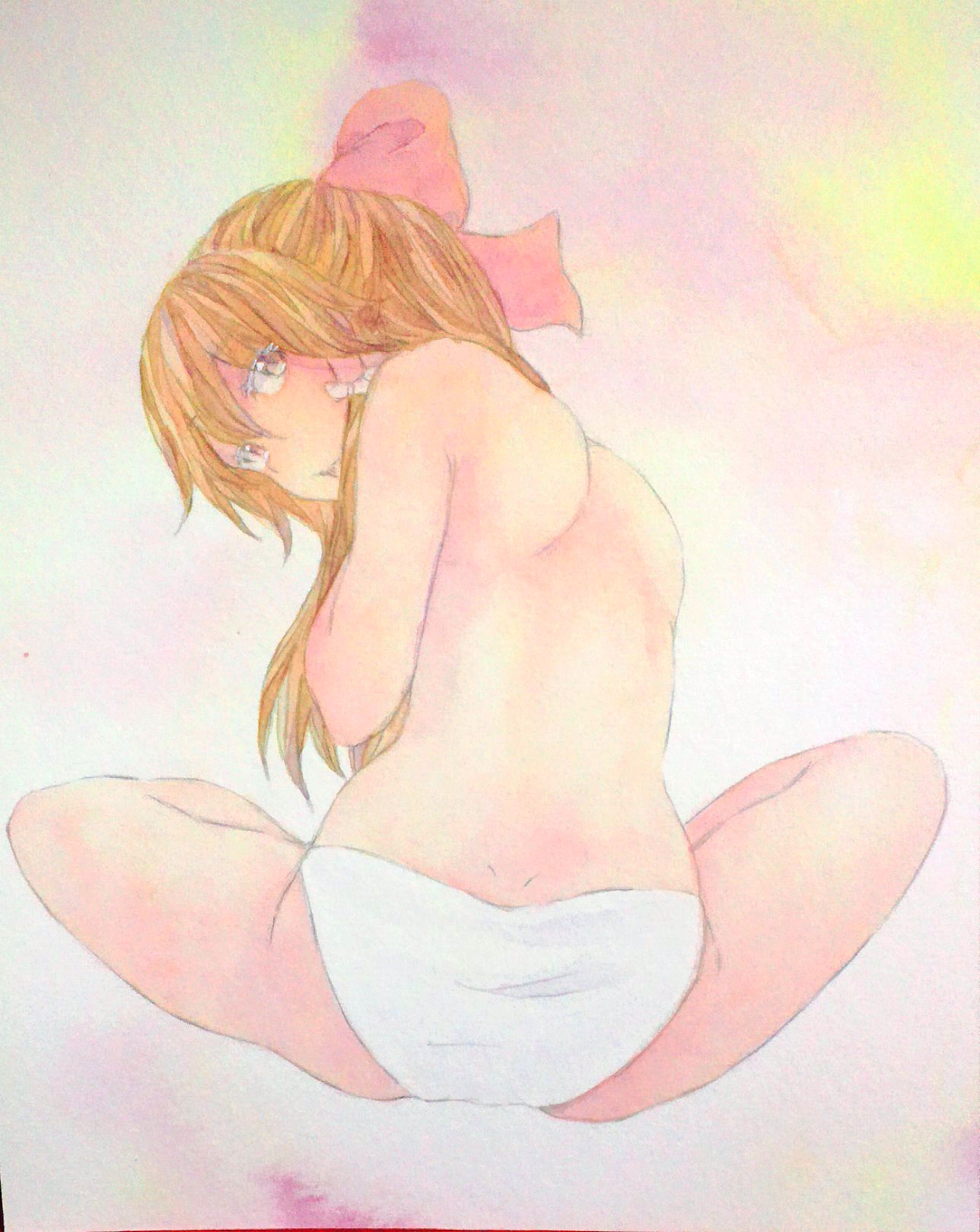 1girl back bare_back bikini_bottom bow brown_eyes brown_hair covering covering_breasts full_body hair_bow hair_tubes hakurei_reimu highres long_hair looking_at_viewer looking_back open_mouth pink_background shoulder_blades sitting solo swimsuit topless touhou traditional_media watercolor_(medium) white_swimsuit yuyu_(00365676)