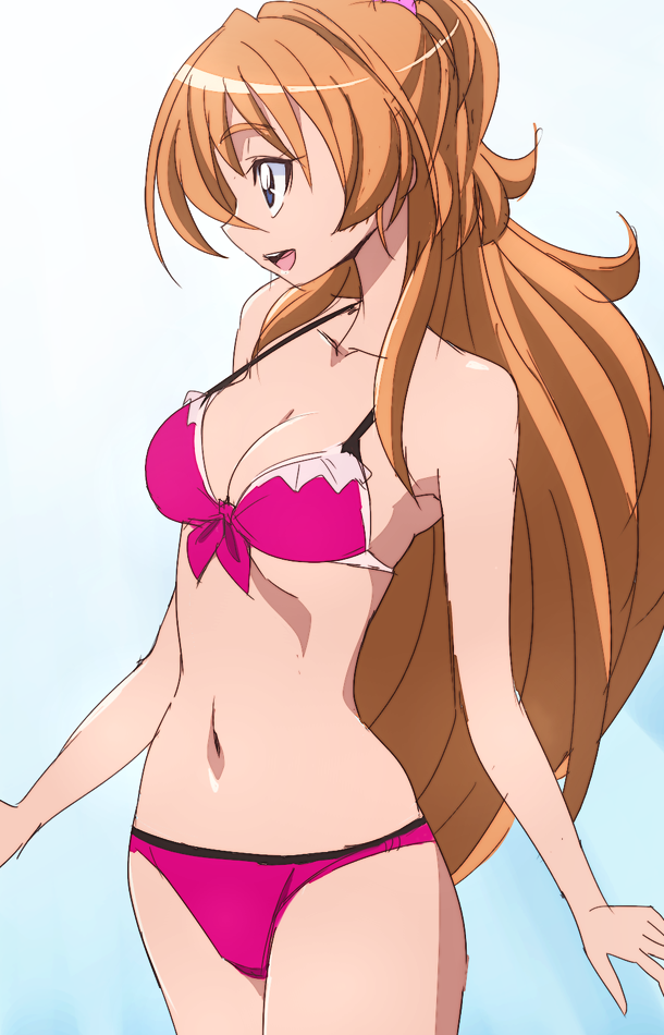 1girl bikini blue_eyes breasts cleavage front-tie_top houjou_hibiki long_hair manji_(tenketsu) navel open_mouth orange_hair pink_bikini precure solo strap_gap suite_precure swimsuit