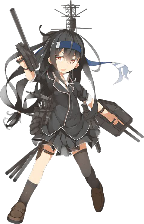 &gt;:o 1girl :o and_dokari hatsushimo_(kantai_collection) headband kantai_collection long_hair looking_at_viewer machinery official_art open_mouth pleated_skirt school_uniform simple_background skirt solo transparent_background turret
