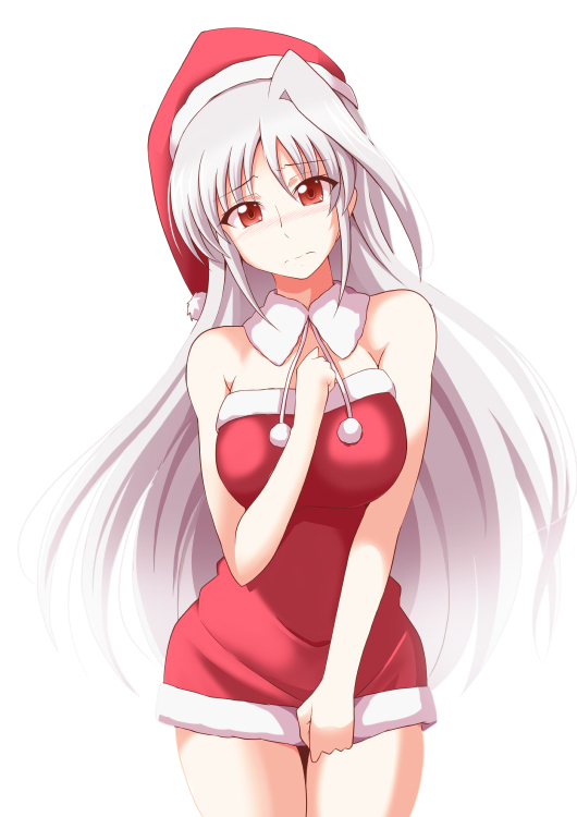 1girl azumaya_hironaru blush detached_collar dress dress_tug fur_trim hat long_hair lyrical_nanoha mahou_shoujo_lyrical_nanoha mahou_shoujo_lyrical_nanoha_a's red_eyes reinforce santa_costume santa_hat short_dress silver_hair solo