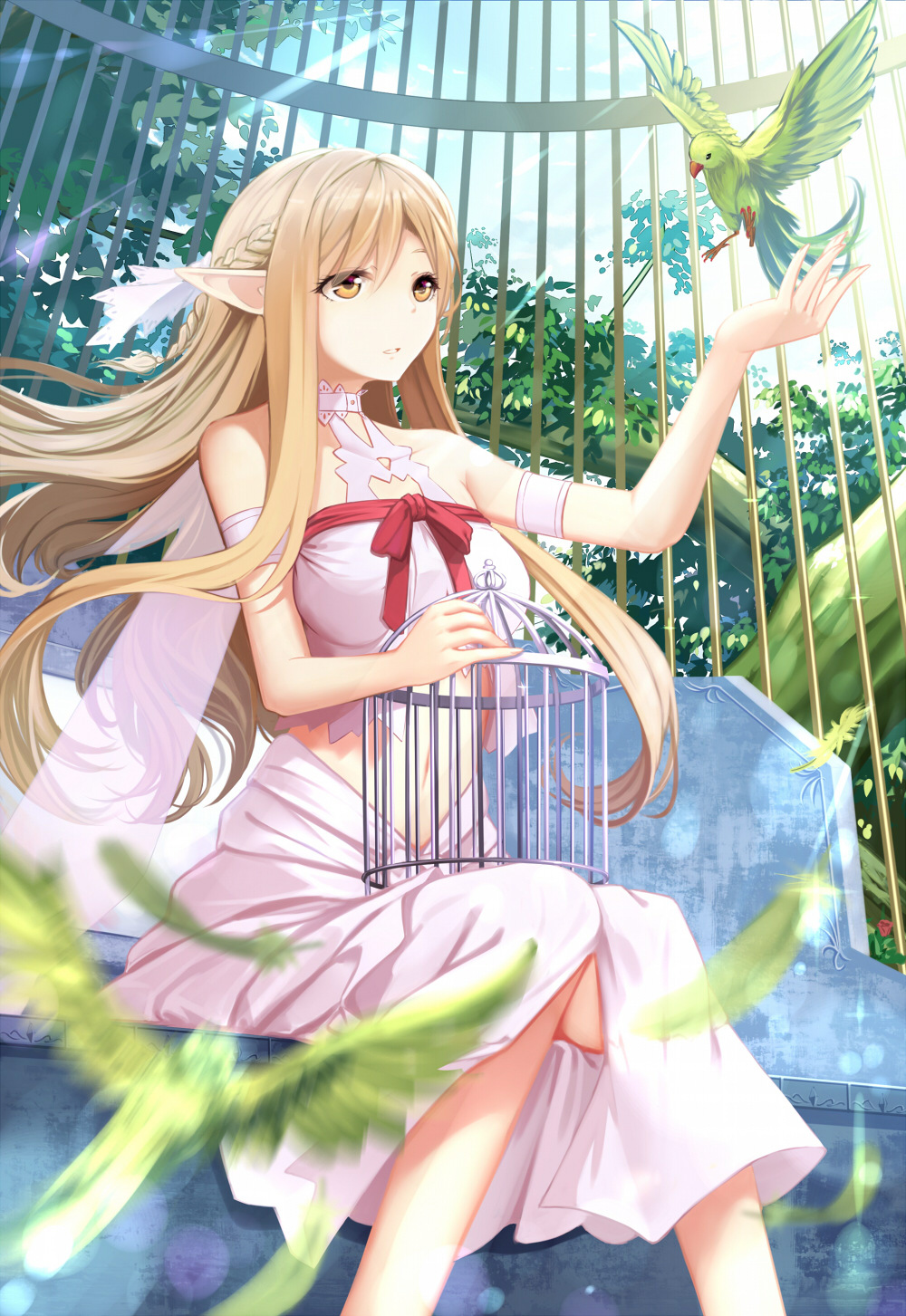 1girl asuna_(sao) asuna_(sao-alo) bird brown_eyes brown_hair cage cloudy.r highres long_hair midriff navel open_mouth pointy_ears sitting smile solo sword_art_online wings