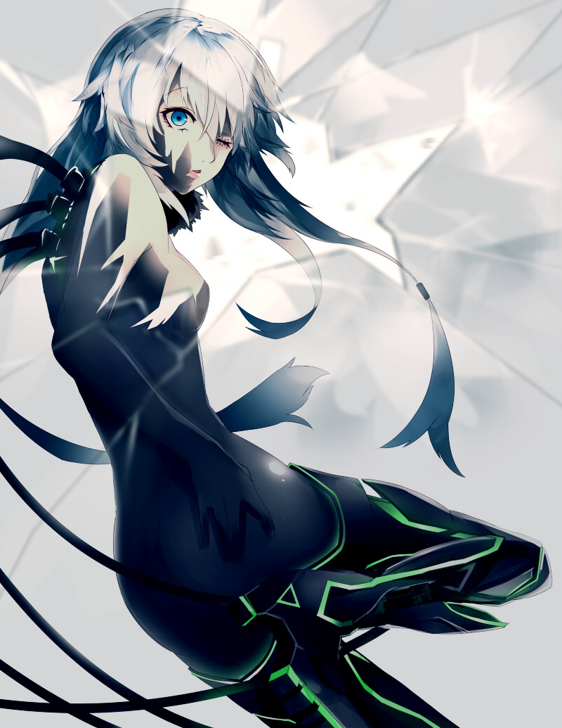 1girl ass blue_eyes bodysuit boots broken_glass chiruru96 crack glass long_hair one_eye_closed original shards silver_hair small_breasts solo stitches thigh-highs thigh_boots tube twintails very_long_hair