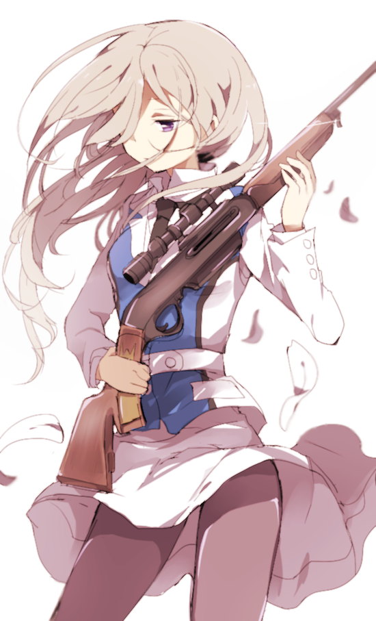 1girl grey_hair gun hiiragi_fuyuki long_hair pantyhose rifle school_uniform solo tsubaki_kureha violet_eyes weapon yuri_kuma_arashi