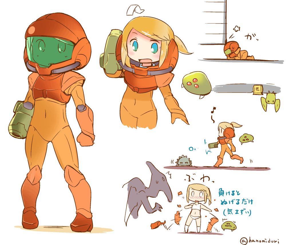 /\/\/\ 1girl adapted_costume arm_cannon artist_name blonde_hair blue_eyes clenched_hand commentary_request directional_arrow helmet metroid metroid_(creature) motion_lines musical_note navel open_mouth pigeon-toed ponytail ridley samus_aran standing sweatdrop translation_request twitter_username underwear weapon