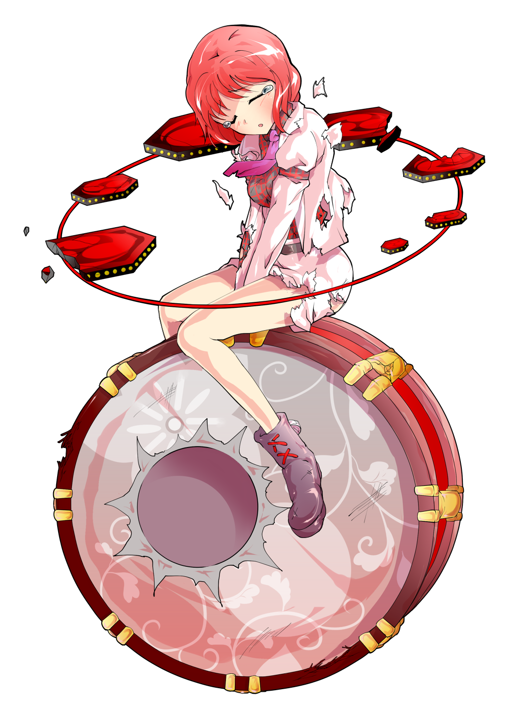 1girl :o after_battle blush boots closed_eyes dairi damaged drum highres hole horikawa_raiko hurt injury instrument jacket legs looking_at_viewer necktie open_mouth pink_hair red_eyes sad short_hair skirt solo tachi-e tears torn_clothes torn_jacket torn_shirt torn_skirt touhou v_arms