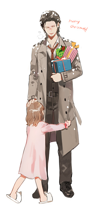 1boy 1girl brown_hair father_and_daughter gift lily_castellanos sebastian_castellanos slippers snow the_evil_within trench_coat yasuda_(fareast_blade)