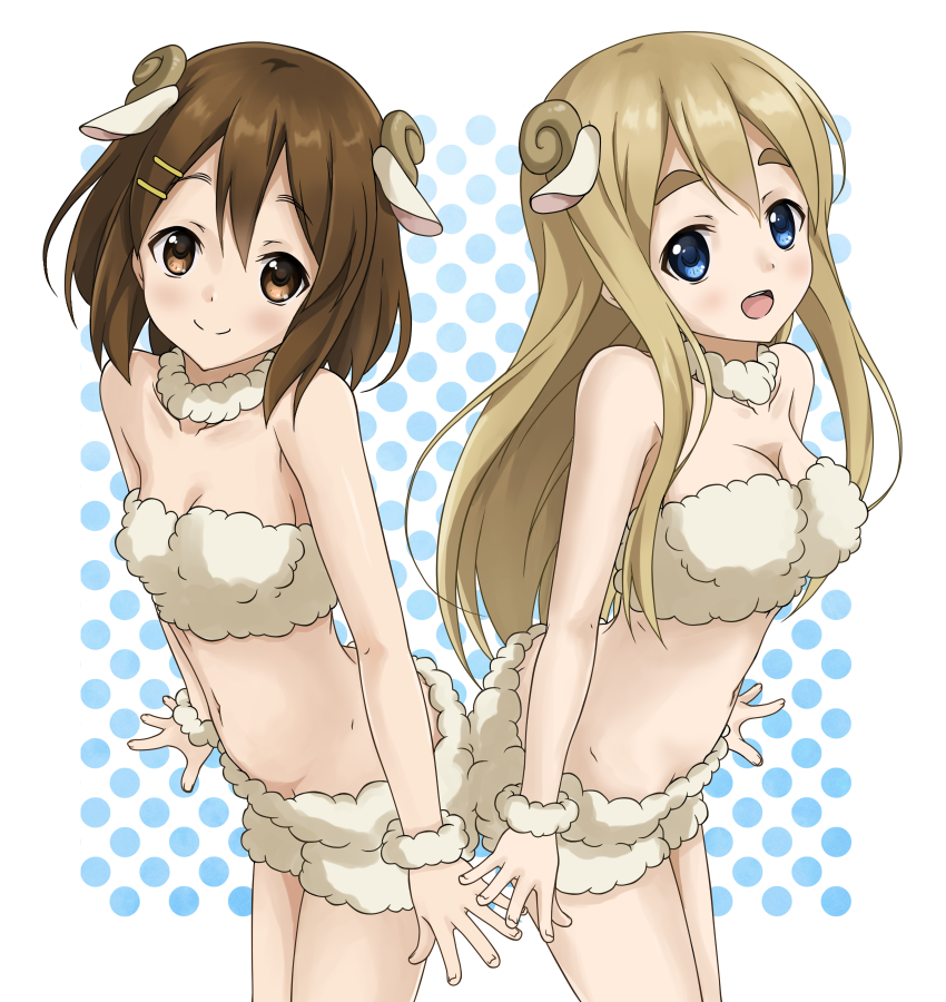 2girls animal_ears blonde_hair blue_eyes brown_eyes brown_hair crop_top hirasawa_yui horns k-on! kotobuki_tsumugi long_hair multiple_girls sheep_ears shizupu short_hair shorts