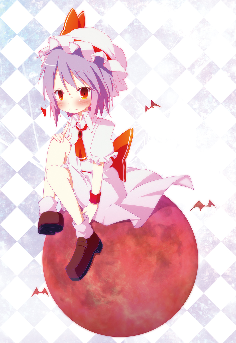 1girl ascot bat blush bow checkered checkered_background hat hat_bow highres ichihina lavender_hair moon red_eyes red_moon remilia_scarlet sitting solo touhou