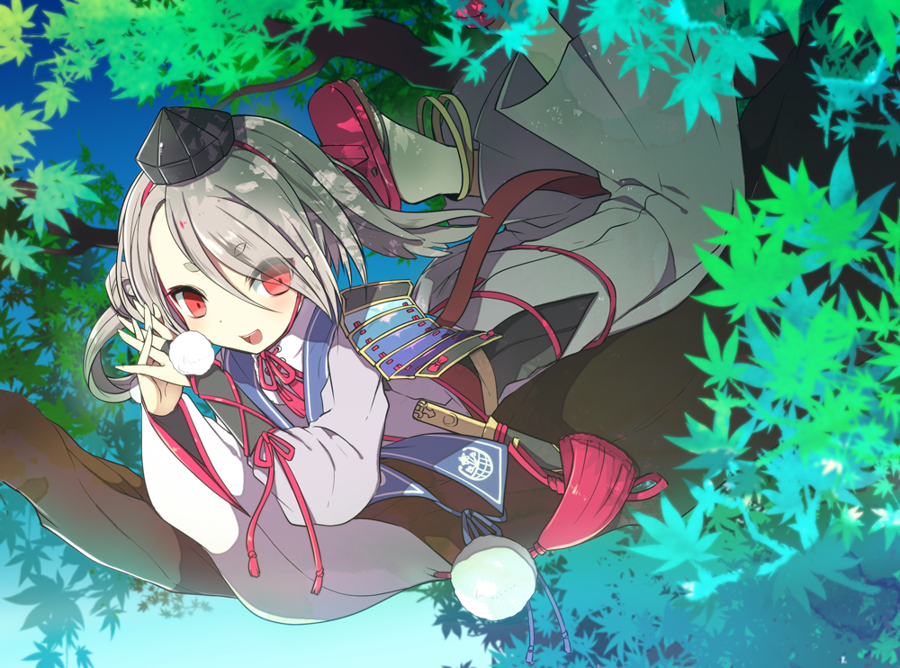 1boy anklet brown_hair chin_strap geta hakama hands_clasped hat ima-no-tsurugi in_tree japanese_clothes jewelry kamiyoshi leaf long_hair looking_at_viewer lying male_focus no_socks on_stomach open_mouth red_eyes sheath sheathed sode solo stole tantou tengu-geta tokin_hat touken_ranbu tree very_long_hair
